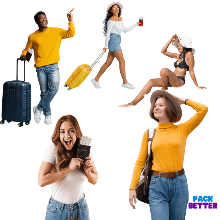 five different travelers holding travel accessories