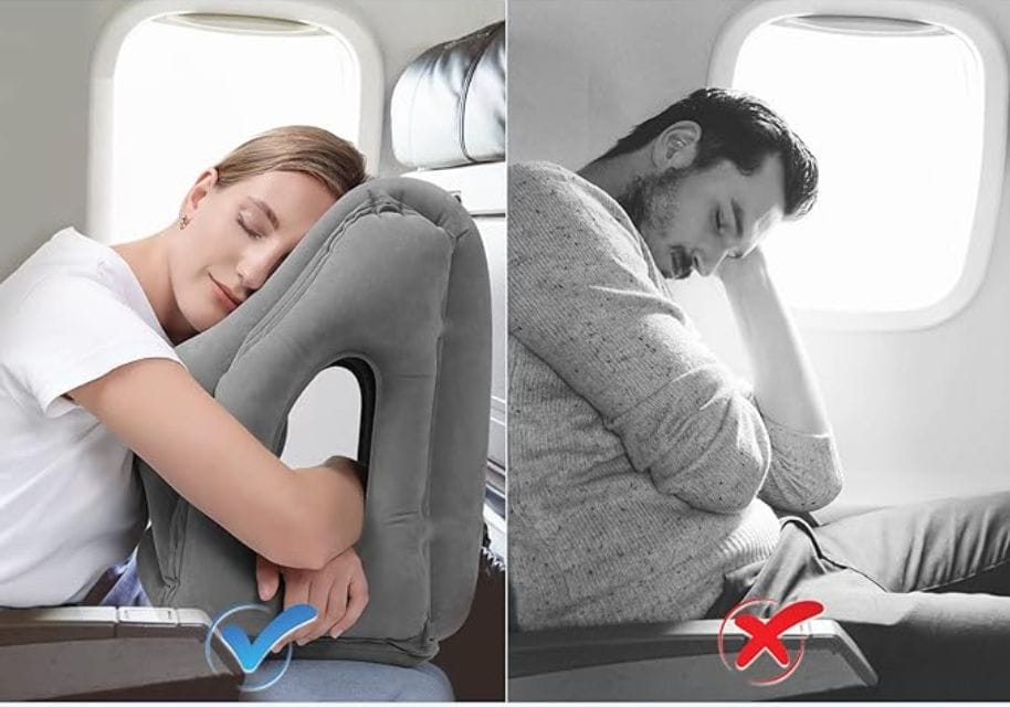 woman using the HOMCA Travel Pillow and man not using one