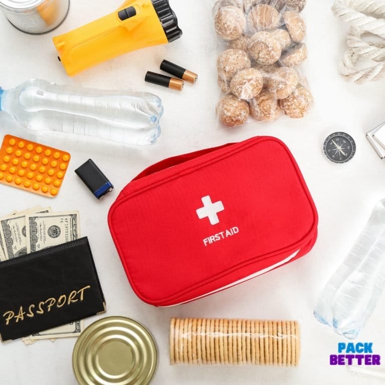 emergency kit, money, passport, and other supplies