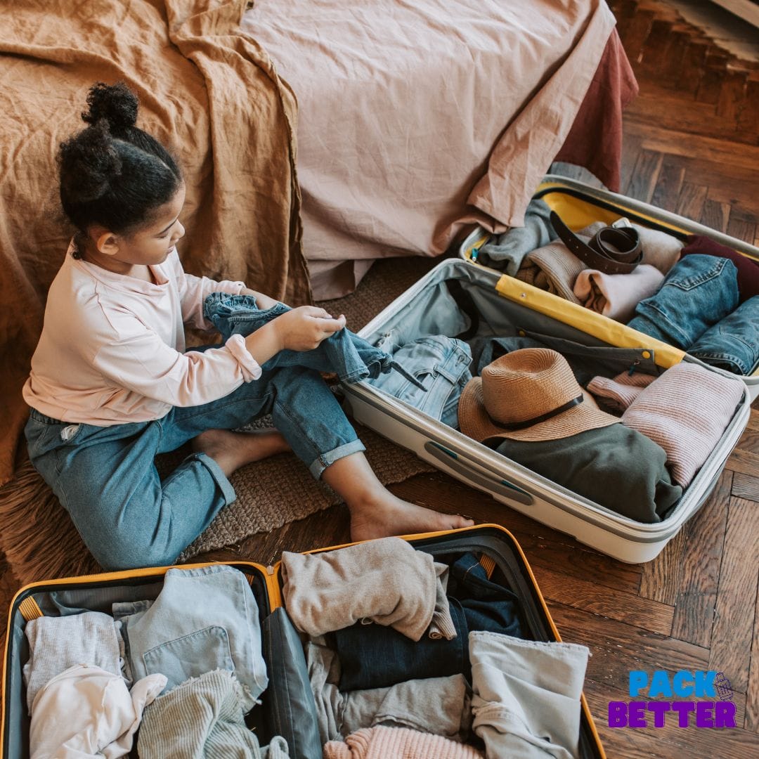 a child packing clothes for a travel