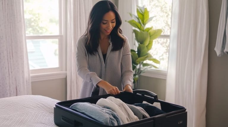 woman in bedroom packing luggage
