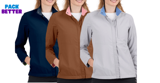 woman smiling wearing a travel jacket in 3 colors