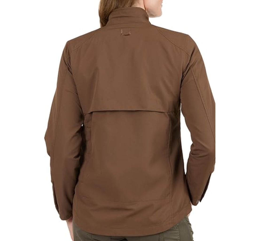 a woman wearing brown jacket in a back shoot