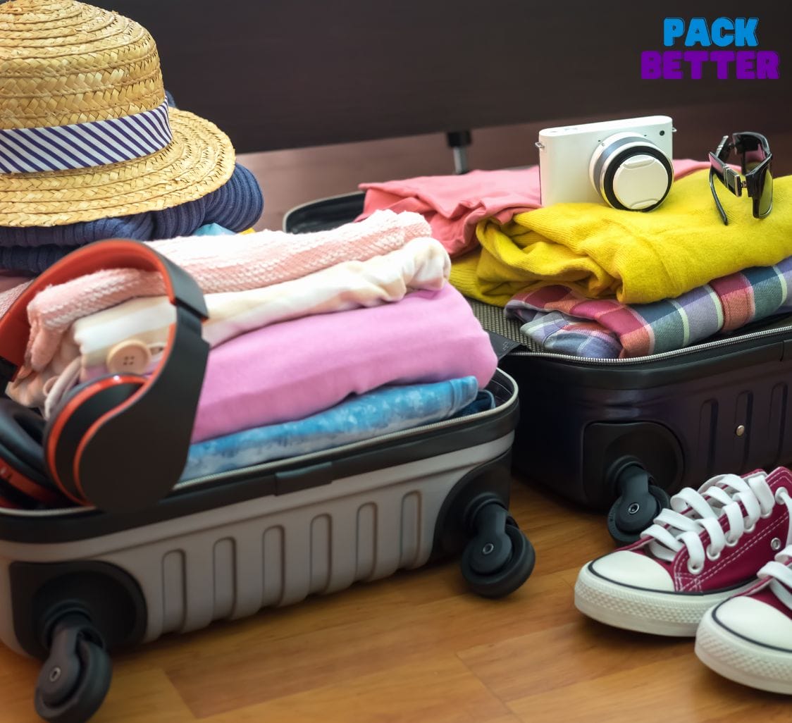 travelers luggage with full of outfits